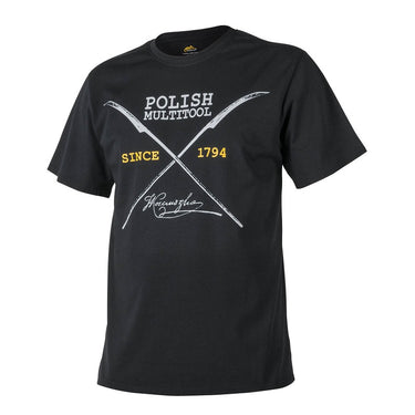 Black crew-neck cotton T-shirt with Polish Multitool front graphic