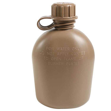 Coyote brown plastic canteen with screw cap and carrying clip, engraved warning text