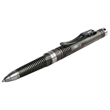 Tactical glassbreaker pen with gunmetal finish, ridged grip, and pocket clip