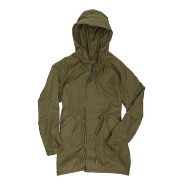 Olive green fishtail parka with hood, front zipper, drawcord, and side pockets.
