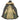 Dark leather long parka with fur-trim hood and camouflage lining