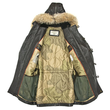 Dark leather long parka with fur-trim hood and camouflage lining
