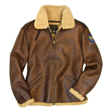 Shearling bomber jacket with tan fleece collar and brown leather body, zip front