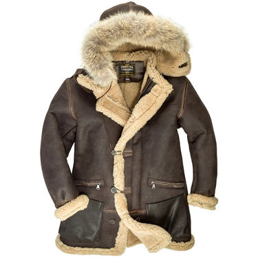 Dark brown sheepskin B-7 parka with cream shearling lining and fur-trim hood