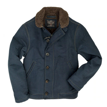 Bedford cord jacket in dark navy with brown shearling collar and button front.