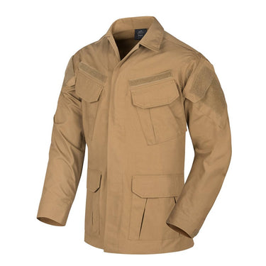 Tan tactical uniform shirt with button front, stand collar, and multiple chest pockets