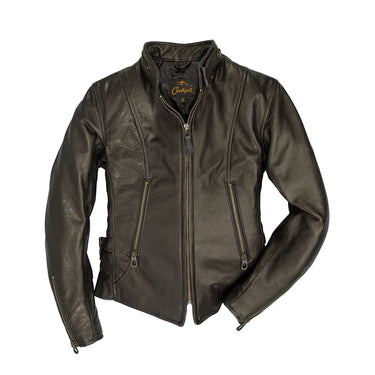 Women’s Cockpit USA leather cafe racer jacket, zip front, stand collar, black