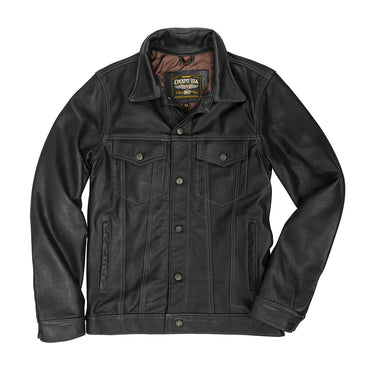 Black leather jean jacket with stand collar, snap front, and two chest flap pockets