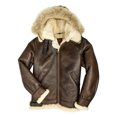 Brown B3 leather hooded coat with shearling lining and front zipper.