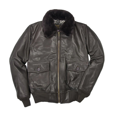 Leather G-1 bomber jacket with dark fur collar, zip front, and two chest pockets.