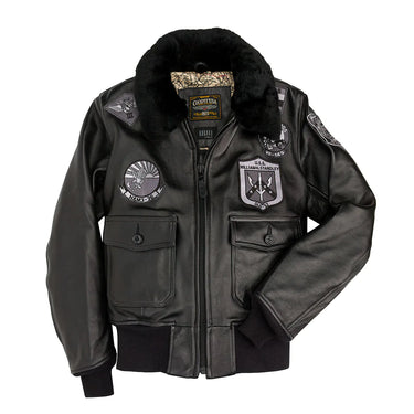 Black leather bomber jacket with faux-fur collar, front patches, and zip pockets