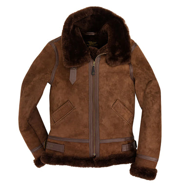 Women’s brown suede B-3 bomber jacket with dark shearling trim and full zip