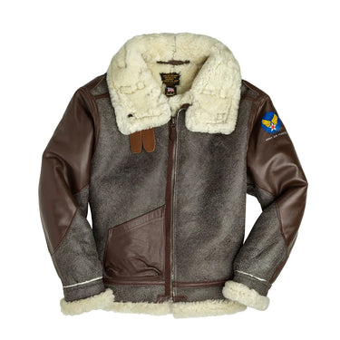 Sheepskin bomber jacket with brown leather sleeves and shearling collar