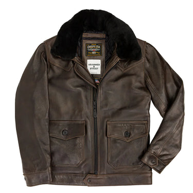 Brown lambskin jacket with black shearling collar, zip front and flap chest pockets