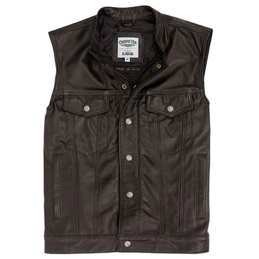 Black leather motorcycle vest with snap buttons and two chest pockets