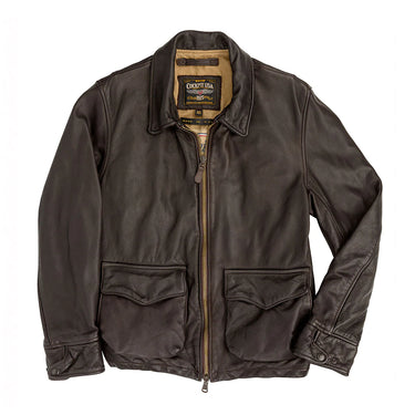 Brown leather tanker jacket with zip front and two flap chest pockets