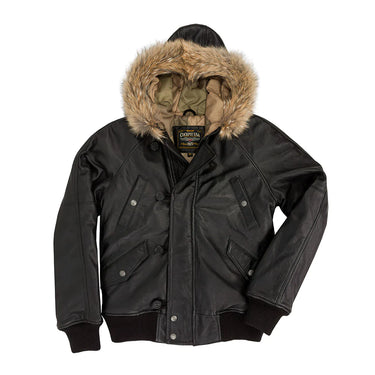 Cockpit USA N-2B goatskin jacket in black with tan fur-trim hood and snap pockets