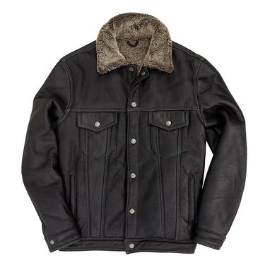 Sheepskin trucker jacket with dark leather, tan shearling collar, snap buttons, chest pockets