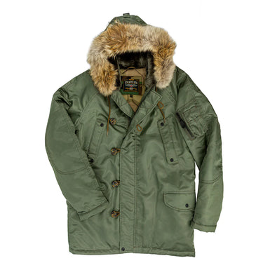 Sage green N-3B parka with tan interior and fur-trimmed hood