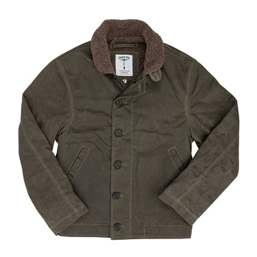 Dark olive wax deck jacket with brown sherpa-style shearling collar and snap buttons