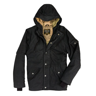 Black waxed parka with hood, snap button front, flap chest pockets