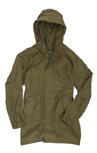 Olive green fishtail parka with hood, front zip, drawcord, flap pockets