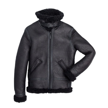 Black B-3 bomber sheepskin jacket with shearling cuffs and front zipper
