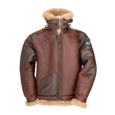 Brown B-3 shearling bomber jacket with thick tan fleece collar and front zipper