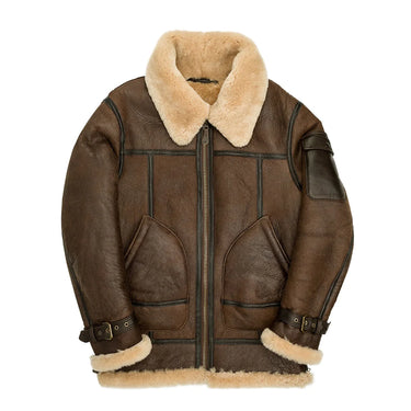 Brown leather bomber jacket with tan shearling collar, zip front, and chest pockets