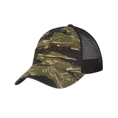 Camouflage trucker cap with black mesh back and curved brim