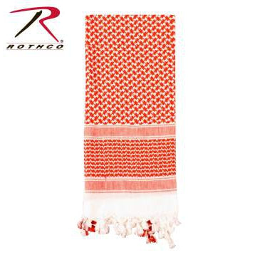 Rothco shemagh tactical desert scarf in orange and white knit with striped band and fringe