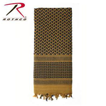 Rothco shemagh tactical desert scarf in olive and tan pattern with striped band and fringe