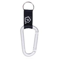Silver carabiner with strap, rounded gate and carrying loop