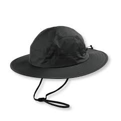 Black rain hat with wide brim and chin strap