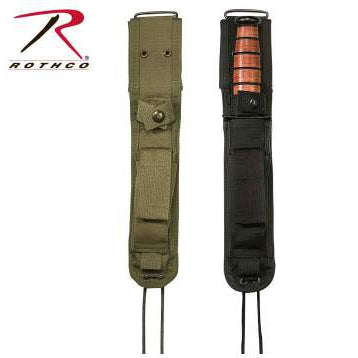 Knife sheath pair with snap straps, olive and black fabric, MOLLE-style panels