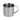 Stainless steel mug close-up with curved handle and brushed metal interior.