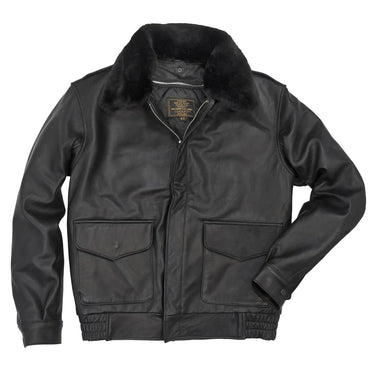 Black leather flight jacket with fur collar, front zipper and chest pockets