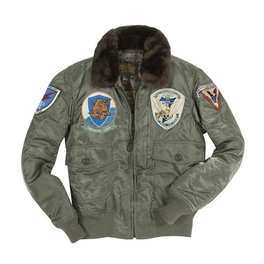 Sage green G-1 fighter jacket with fur collar and front zip; stitched flight patches