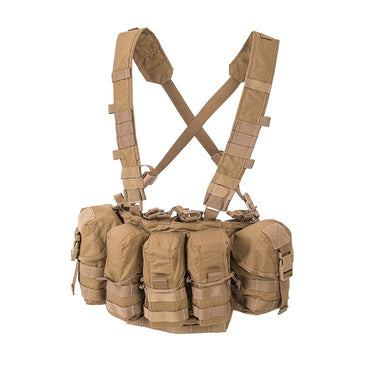 Tactical chest rig in tan color with padded shoulder straps and multiple front pouches
