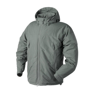 Lightweight winter jacket in muted green, full-zip front with hood and stand collar