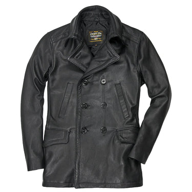 Black goatskin naval coat, double-breasted front, stand collar