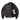Black leather tanker jacket with front zip and ribbed collar, cuffs, and hem