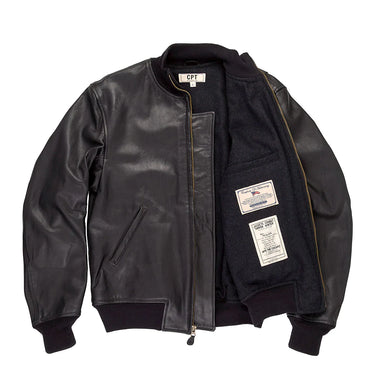 Black leather tanker jacket with front zip and ribbed collar, cuffs, and hem