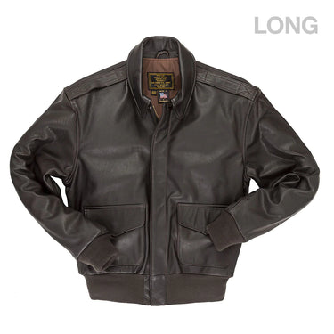 Brown goatskin A-2 long jacket with front zipper and two flap pockets