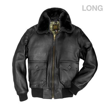 Black leather flight jacket with fur collar, front zip, and two chest flap pockets