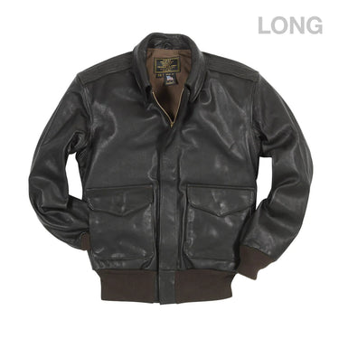 Black A-2 style leather pilot jacket with zip front and two flap chest pockets.
