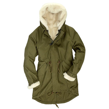 Olive fishtail parka with hood, shearling cuffs, front zipper and drawstring waist