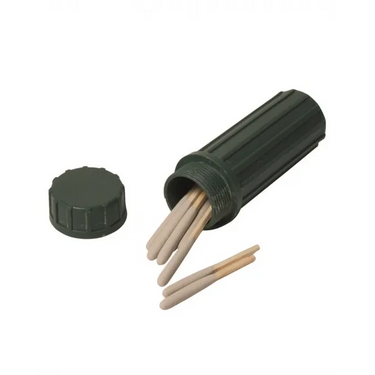 Olive drab waterproof match container with screw cap and matches