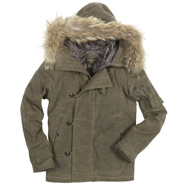 Cement green mountain parka with faux fur trimmed hood, snap button front