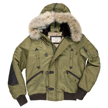 Olive green short N-2B winter parka with faux fur hood trim